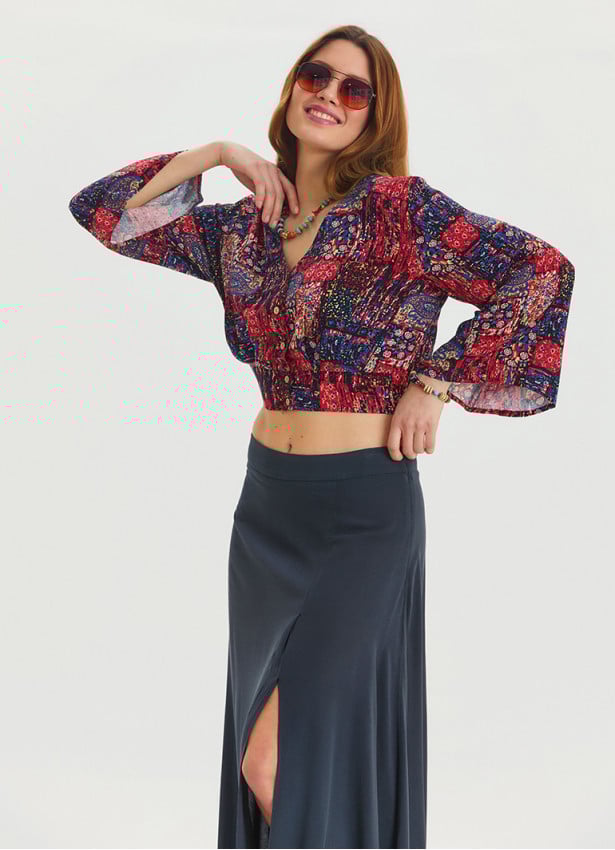 P V Neck Button Detailed Red Summer Blouse 4608